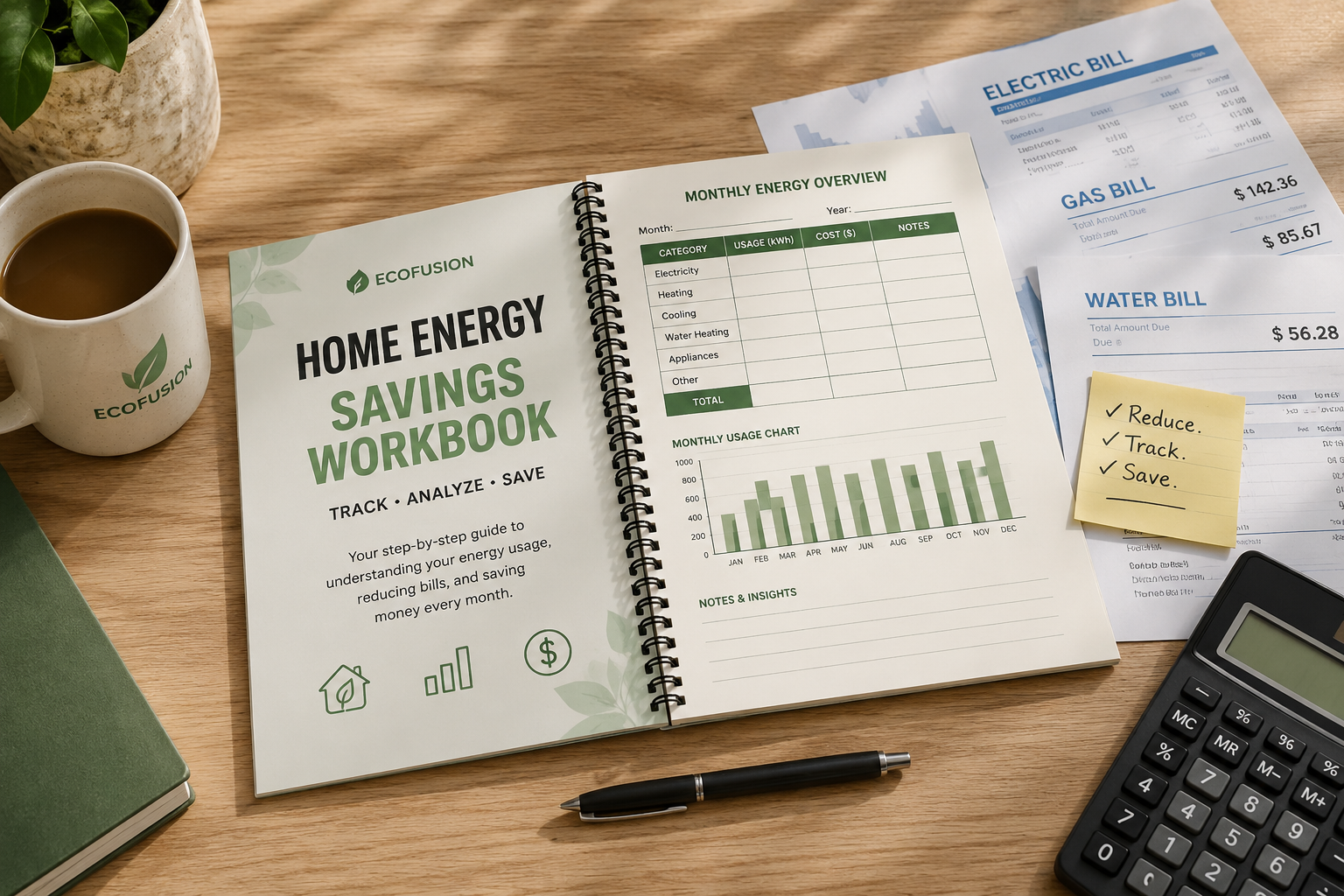 EcoFusion Home Energy Savings Workbook open on a desk with utility bills, pen and calculator