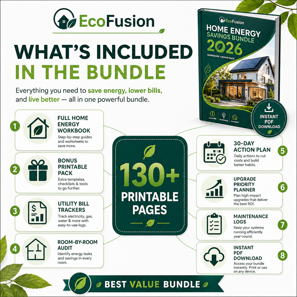 EcoFusion Home Energy Savings Bundle 2026 – Printable PDF Workbook + Bonus Pack